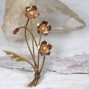 Vintage AMCO 10K Gold Filled Flower Sprig Leaf Brooch Pink Rhinestone Pearl